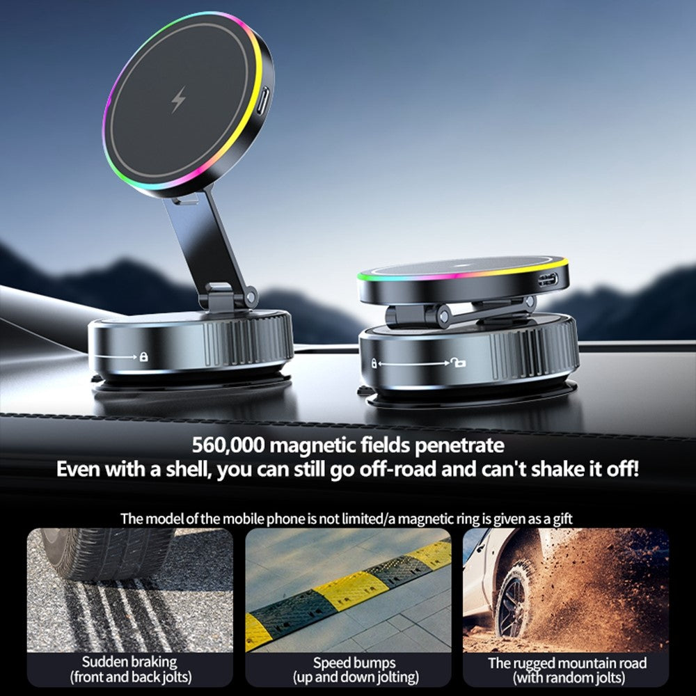 K3 Rotating Magnetic Car Phone Holder Wireless Charging Vacuum Sucker Desktop Stand with Colorful Light