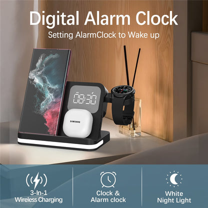 B-22 3 in 1 Wireless Charger 15W Charging Station for Samsung Galaxy Phone  /  Watch  /  Buds with Alarm Clock