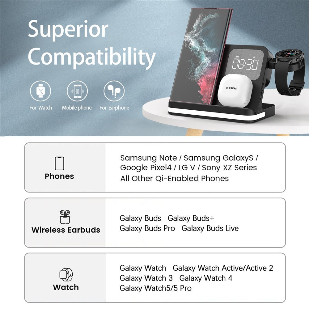 B-22 3 in 1 Wireless Charger 15W Charging Station for Samsung Galaxy Phone  /  Watch  /  Buds with Alarm Clock