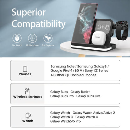 B-22 3 in 1 Wireless Charger 15W Charging Station for Samsung Galaxy Phone  /  Watch  /  Buds with Alarm Clock
