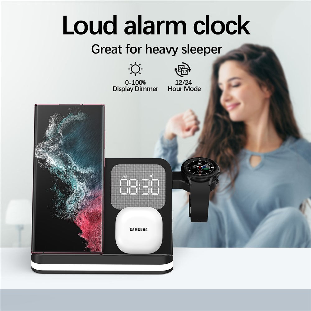 B-22 3 in 1 Wireless Charger 15W Charging Station for Samsung Galaxy Phone  /  Watch  /  Buds with Alarm Clock