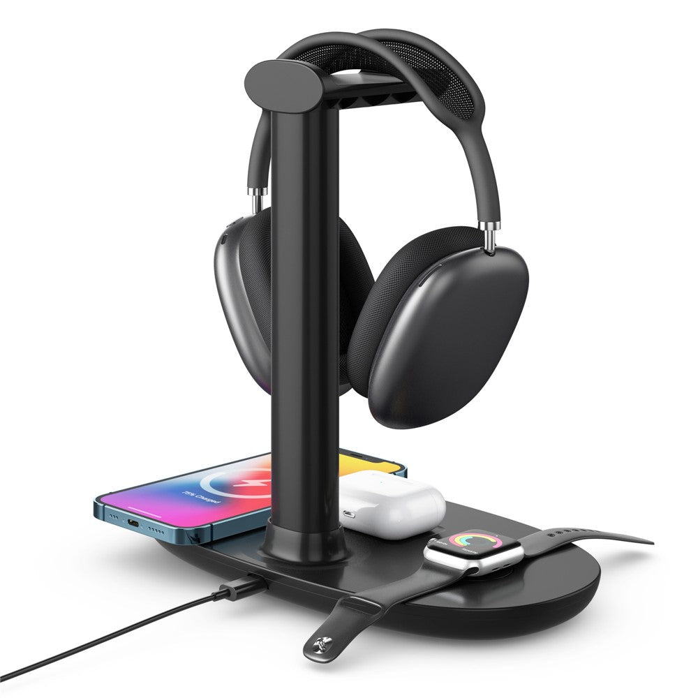 B-15A 4 in 1 Multi-function Charging Dock with Headset Stand Wireless Charging Station for iPhone iWatch AirPods