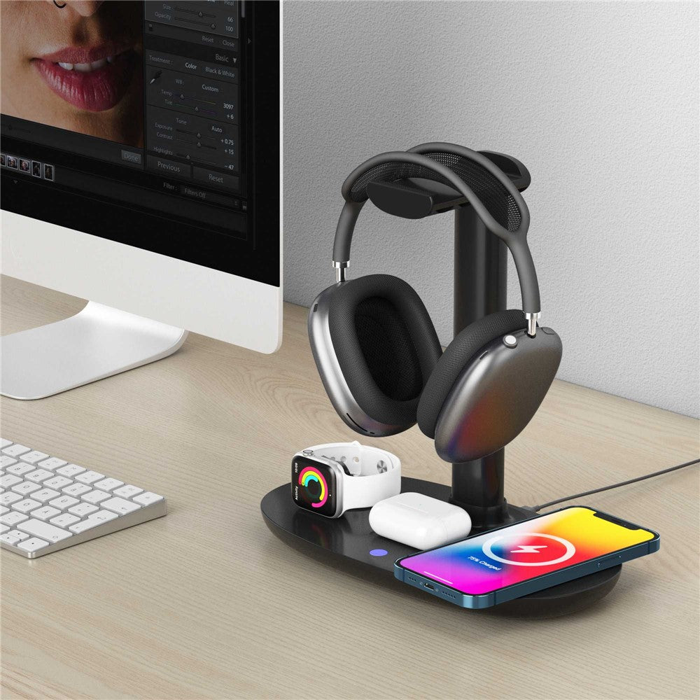 B-15A 4 in 1 Multi-function Charging Dock with Headset Stand Wireless Charging Station for iPhone iWatch AirPods