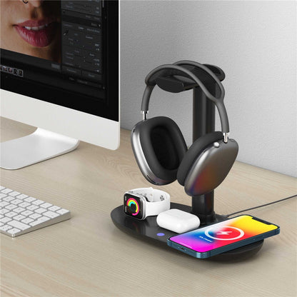 B-15A 4 in 1 Multi-function Charging Dock with Headset Stand Wireless Charging Station for iPhone iWatch AirPods
