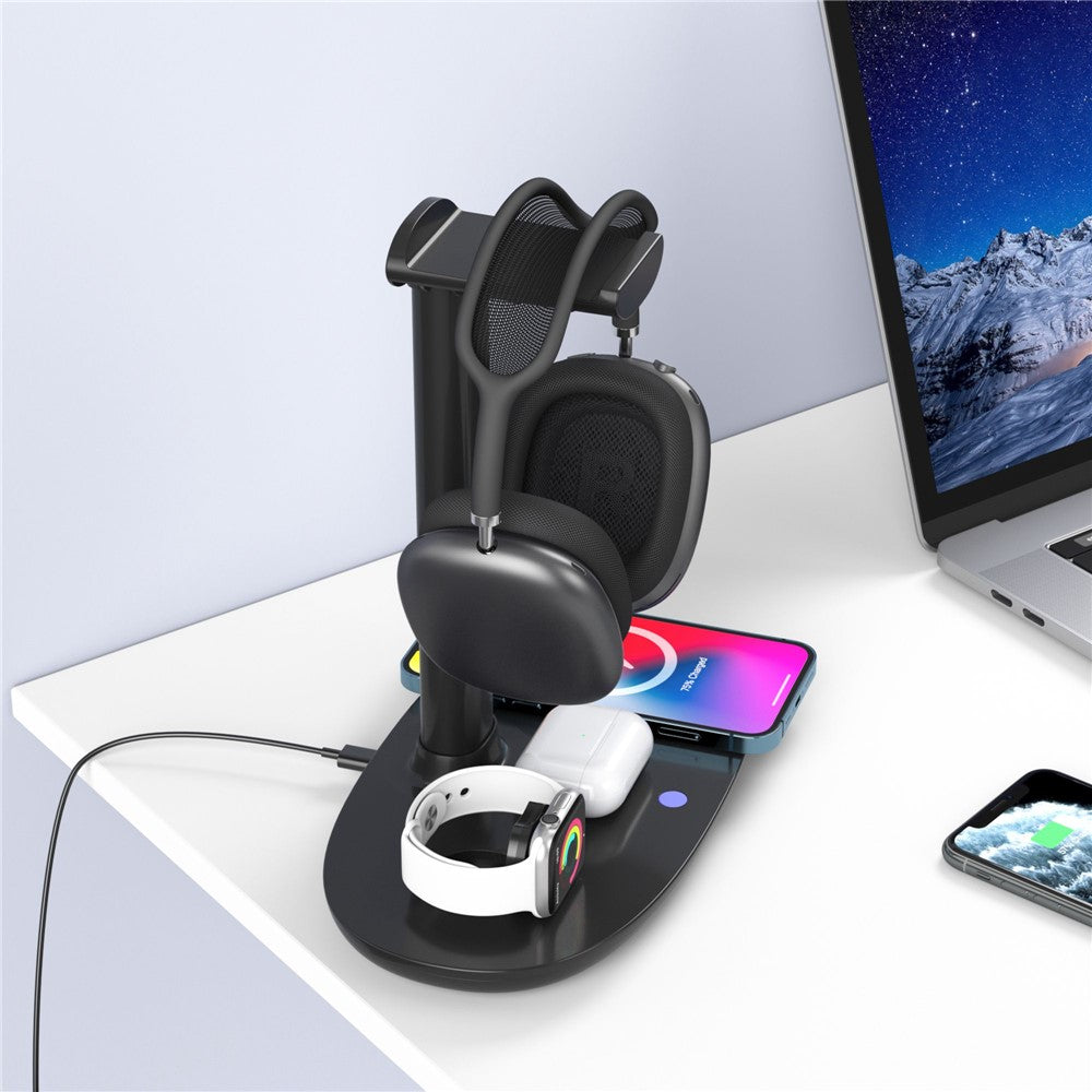 B-15A 4 in 1 Multi-function Charging Dock with Headset Stand Wireless Charging Station for iPhone iWatch AirPods