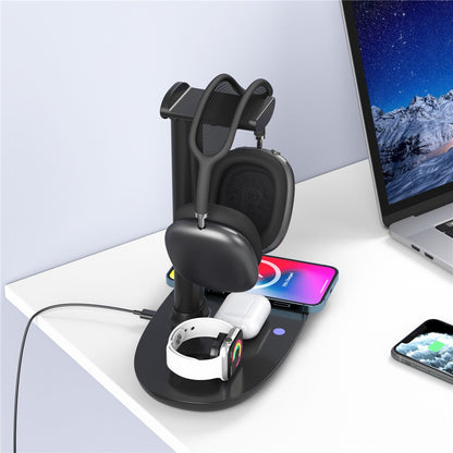 B-15A 4 in 1 Multi-function Charging Dock with Headset Stand Wireless Charging Station for iPhone iWatch AirPods