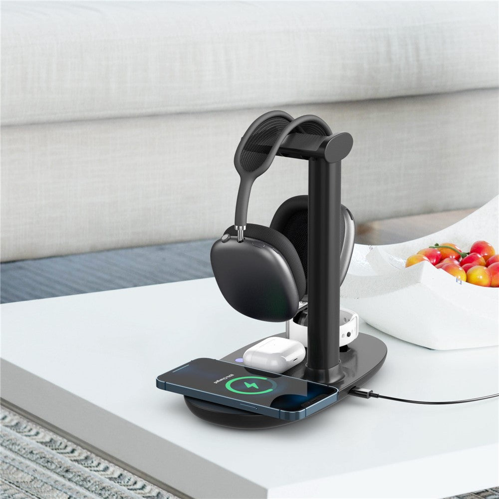 B-15A 4 in 1 Multi-function Charging Dock with Headset Stand Wireless Charging Station for iPhone iWatch AirPods