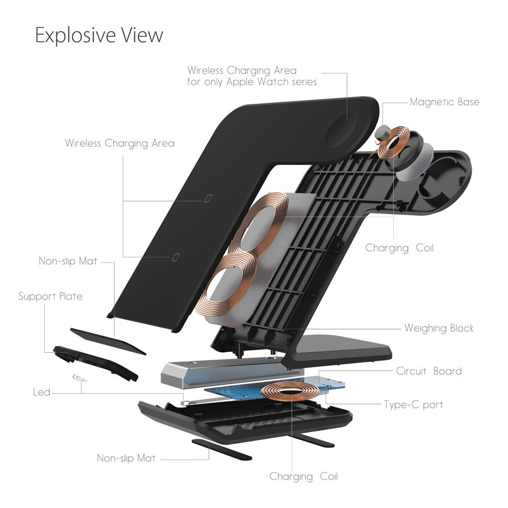 F11 Pro 3 in 1 Wireless Charger 15W Fast Charging Station for iPhone / Samsung / Apple Watch / TWS Earphones