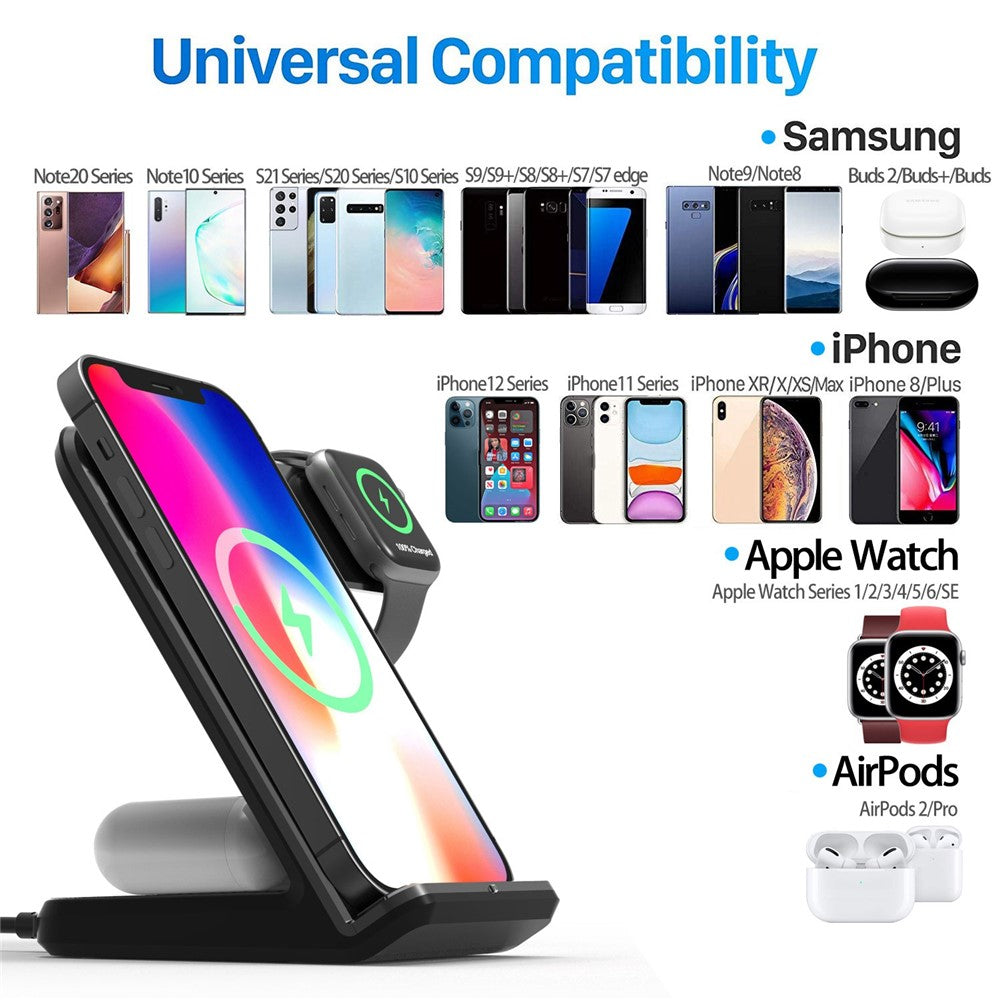 F11 Pro 3 in 1 Wireless Charger 15W Fast Charging Station for iPhone / Samsung / Apple Watch / TWS Earphones