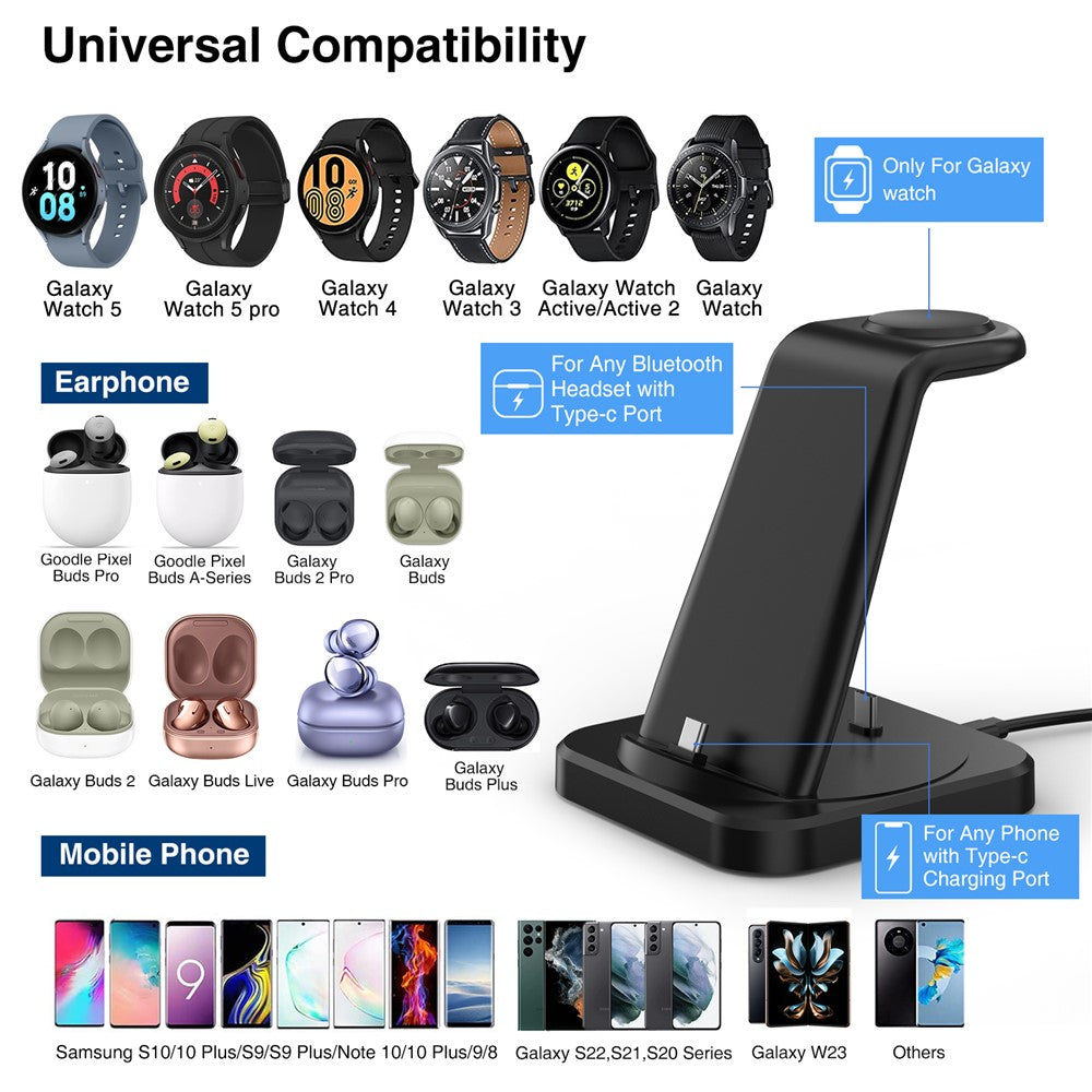 W-07 4-in-1 Wireless Charger for Samsung Galaxy S10 / S9 / Galaxy Watch Active / Active2 / Watch3 / 4 / 5 Series Charging Station