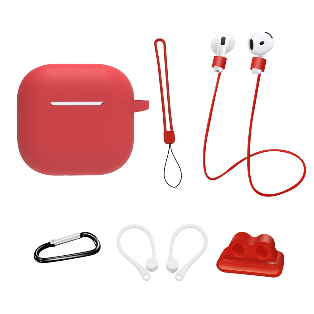 6 in 1 Headset Accessories for AirPods 4 Silicone Case + Carrying Strap + Earphone Holder + Ear Hooks + Neck Strap + Keychain