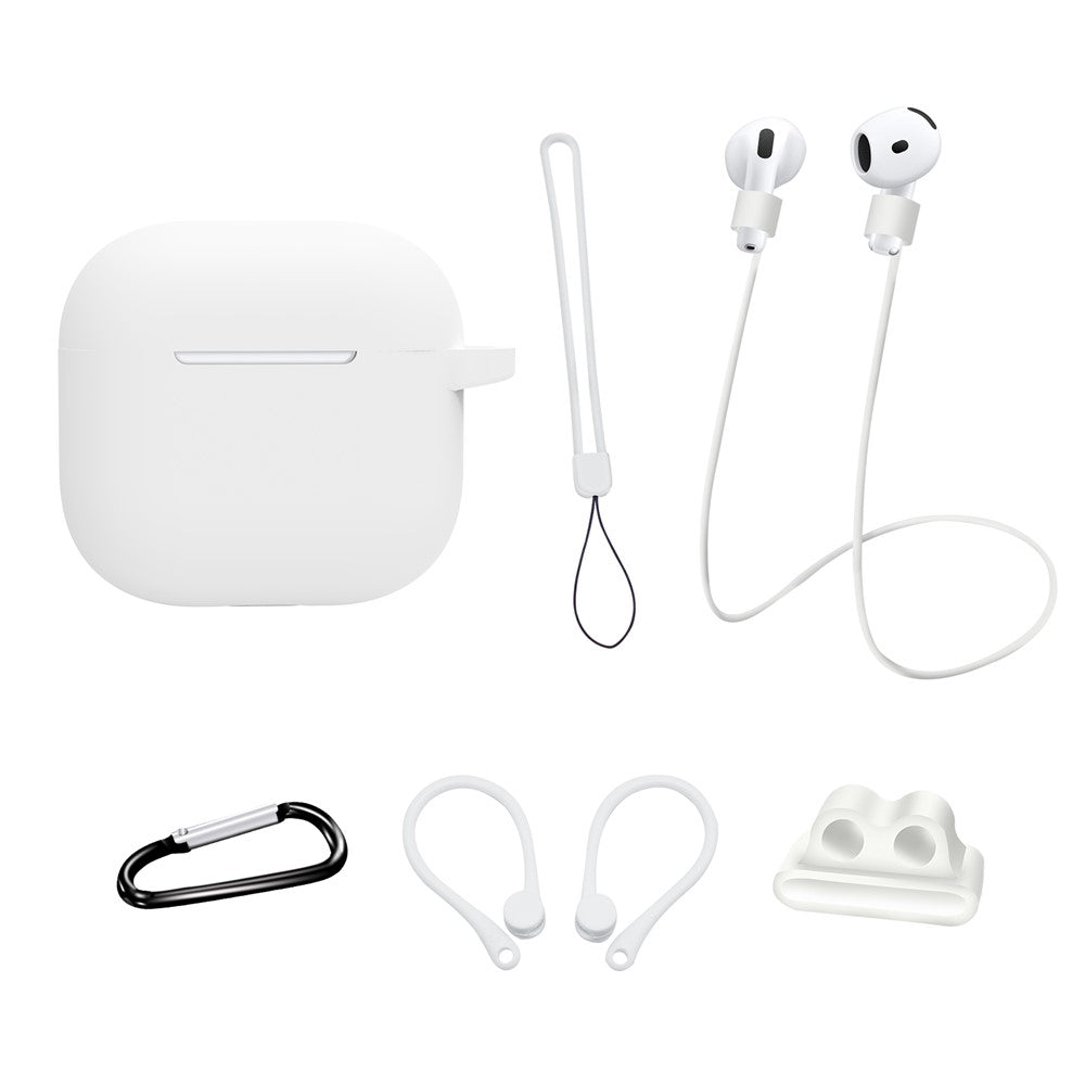 6 in 1 Headset Accessories for AirPods 4 Silicone Case + Carrying Strap + Earphone Holder + Ear Hooks + Neck Strap + Keychain