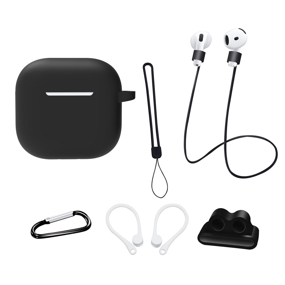 6 in 1 Headset Accessories for AirPods 4 Silicone Case + Carrying Strap + Earphone Holder + Ear Hooks + Neck Strap + Keychain