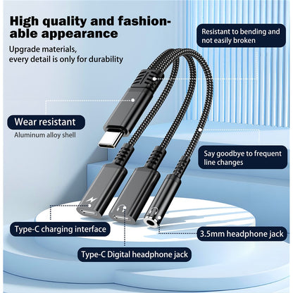 60W Type-C to 3.5mm + Type-C Headphone + Type-C PD Fast Charging Adapter 3 in 1 Audio Converter