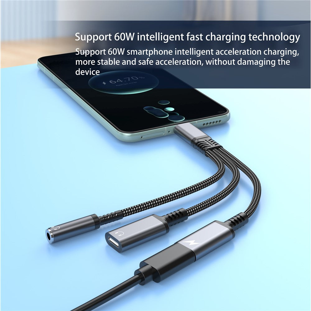 60W Type-C to 3.5mm + Type-C Headphone + Type-C PD Fast Charging Adapter 3 in 1 Audio Converter