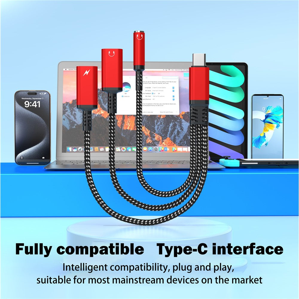 60W Type-C to 3.5mm + Type-C Headphone + Type-C PD Fast Charging Adapter 3 in 1 Audio Converter